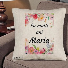 Cadou de Onomastica - Perna Personalizata La Multi Ani Maria Flori Acuarela, 40x40 cm, Bej Canapea, Husa Detasabila, Perna Inclusa, BEKZ®