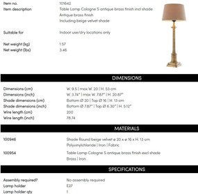 Veioza, lampa de masa cu baza inalta, finisaj brass, H-53cm, Cologne Small 101642 HZ