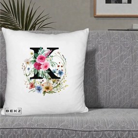 Cadou Personalizat - Perna Personalizata Monogram Litera K cu Flori Acuarela, 40x40 cm, Alb Pufos, Husa Detasabila, Perna Inclusa, BEKZ®
