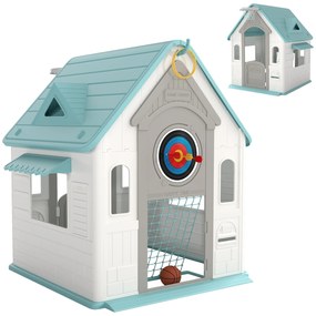 AIYAPLAY Căsuță de Joacă 5-în-1 pentru Copii, de Exterior și Interior, cu Coș de Baschet, Poartă de Fotbal, Tablă de Darts, Joc de Aruncare a Inelelor pentru Copii 2-5 Ani, Bej | Aosom Romania