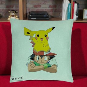 Perna Personalizata Ash si Pikachu, 40x40 cm, Verde Menta, Husa Detasabila, Perna Inclusa, BEKZ®