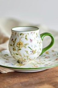 Set 4 căni din ceramică artizanală natur si motive florale botanice, 9×9 cm, "Bloomie"