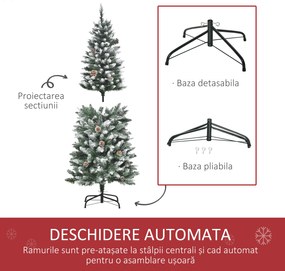 HOMCOM Brad de Crăciun Înzăpezit cu 464 crengi și 28 conuri, Brad Artificial cu Bază Detașabilă, Ø69x150 cm, Verde | Aosom Romania