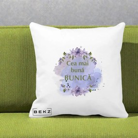 Cadou pentru Bunica - Perna Personalizata Cea Mai Buna Bunica Flori Mov Acuarela Auriu, 40x40 cm, Alba Mata, Husa Detasabila, Perna Inclusa, BEKZ®