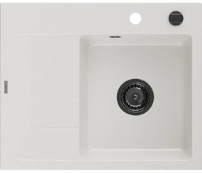 Mexen Ben chiuvetă din granit cu 1 compartiment și picurător dreapta 600 x 500 mm, alb, sifon negru - 6523605000-20-B