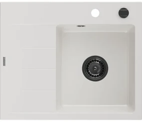 Mexen Ben chiuvetă din granit cu 1 compartiment și picurător dreapta 600 x 500 mm, alb, sifon negru - 6523605000-20-B