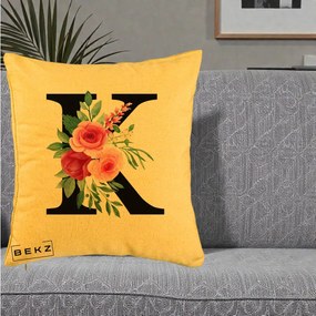 Cadou Personalizat - Perna Personalizata Monograma Florala Litera K, 40x40 cm, Galben, Husa Detasabila, Perna Inclusa, BEKZ®