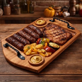 Tava din lemn cu manere din fier forjat si 2 sosiere ,   40x30 cm