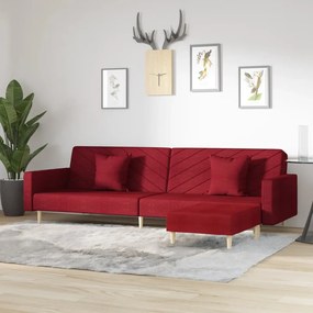 3081828 vidaXL Canapea extensibilă 2 locuri, 2 perne&taburet, roșu vin, textil