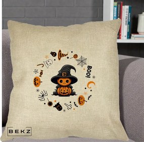 Perna Decorativa Halloween Dovleac Vrajitor Boo cu Simboluri, 40x40 cm, Crem, Husa Detasabila, Perna Inclusa, BEKZ®