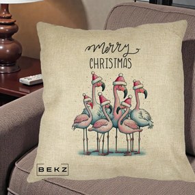 Perna Decorativa Flamingo Merry Christmas, 40x40 cm, Crem, Husa Detasabila, Perna Inclusa, BEKZ®