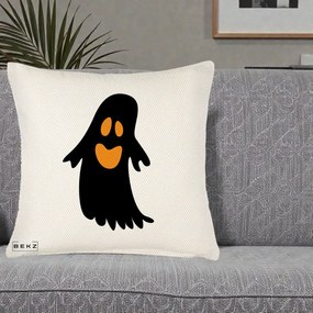 Perna Decorativa Halloween Fantoma Neagra cu Ochi Portocalii, 40x40 cm, Crem Reliefat, Husa Detasabila, Perna Inclusa, BEKZ®