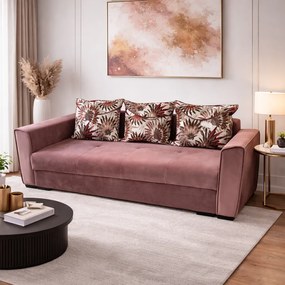 Canapea LILI extensibila, 3 locuri, cu lada de depozitare, catifea roz , 220x95x80 roz, Catifea