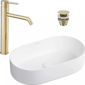 Pachet lavoar pe blat Omnires Mesa alb 53.5 cm, baterie lavoar Rea Lungo auriu si ventil lavoar Click-Clack auriu