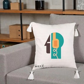 Perna Personalizata Retro Casti Muzicale, 40x40 cm, Bej cu Franjuri, Husa Detasabila, Perna Inclusa, BEKZ®