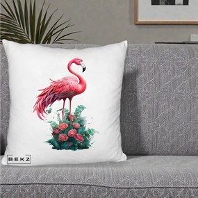 Perna Decorativa Flamingo cu Trandafiri Tropicali, 40x40 cm, Alb Pufos, Husa Detasabila, Perna Inclusa, BEKZ®