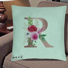 Cadou Personalizat - Perna Personalizata Monograma Rose Gold Litera R, 40x40 cm, Verde Menta, Husa Detasabila, Perna Inclusa, BEKZ®