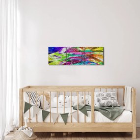 Tablou - Zid de cărămidă cu flăcări colorate (cu ceas) (90x30 cm)