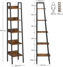 RAI30 - Rafturi 33.8x30x170 cm, pentru birou, living, hol, dormitor, stil industrial - Maro