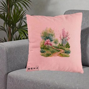 Perna Decorativa Gradina Primavara Acuarela, 40x40 cm, Roz, Husa Detasabila, Perna Inclusa, BEKZ®