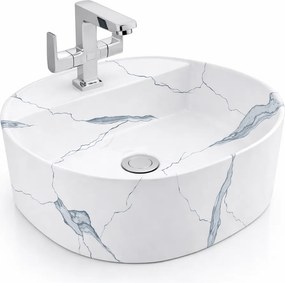 BERGAMO-M || Lavoar montat pe blat, ceramică, alb, cu model marmură, rotunjit
