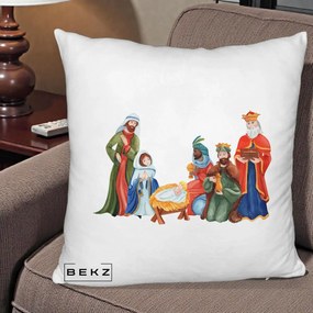 Perna Decorativa Nasterea Domnului Cei Trei Magi Acuarela, 40x40 cm, Alb Pufos, Husa Detasabila, Perna Inclusa, BEKZ®