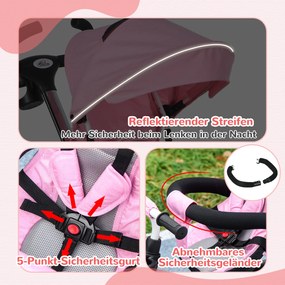 HOMCOM Triciclu pentru copii 6-in-1 cu mâner de împingere, acoperiș, centură, coș de depozitare, 18+ luni, Roz | Aosom Romania