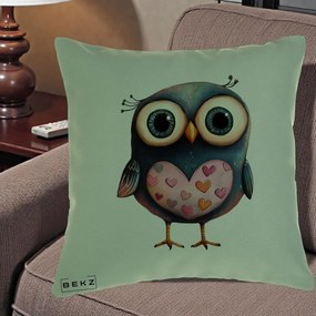 Perna Decorativa Bufnita cu Inimioare Roz, 40x40 cm, Verde, Husa Detasabila, Perna Inclusa, BEKZ®