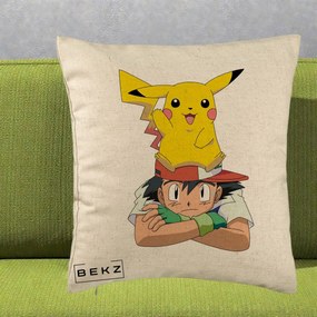 Perna Personalizata Ash si Pikachu, 40x40 cm, Bej, Husa Detasabila, Perna Inclusa, BEKZ®