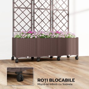 Outsunny Jardinieră Înălțată cu Grilaj 130L, Pat pentru Grădină Înălțat de Exterior cu Roți Blocabile, Sistem de Autoirigare, Găuri de Drenaj pentru Plante Cățărătoare, Legume, Flori, Maro | Aosom Romania