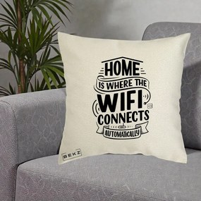 Perna Decorativa Home Is Where WiFi Connects, 40x40 cm, Ecru, Husa Detasabila, Perna Inclusa, BEKZ®