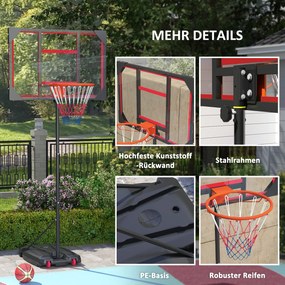 AIYAPLAY Coș de baschet pentru copii, coș de baschet pentru exterior pentru copii, ajustabil între 210-260 cm, cu role, peste 6 ani, Roșu | Aosom Romania