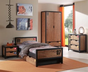 Set Mobilier Cameră Copii ALEX, 5 Piese, Pat 90x200 cm, Somieră Inclusă, Pin Masiv și Metal Negru – Vipack