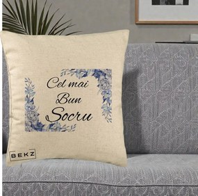 Cadou pentru Socru - Perna Personalizata Cel mai Bun Socru cu Flori Albastre Acuarela, 40x40 cm, Bej, Husa Detasabila, Perna Inclusa, BEKZ®