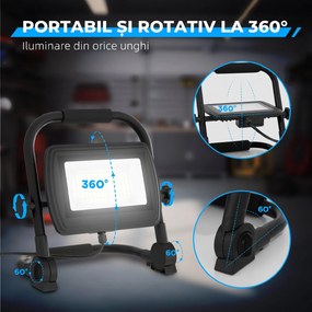 HOMCOM Lampă de Lucru LED, Portabilă și Rezistentă la Intemperii, 25,5x16x25,5 cm, Negru | Aosom Romania