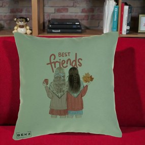 Cadou pentru Prieteni - Perna Personalizata Best Friends Toamna, 40x40 cm, Verde, Husa Detasabila, Perna Inclusa, BEKZ®