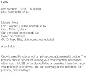 Aplica de perete, directionabila, port usb, design modern CODY negru 2112001003 NL