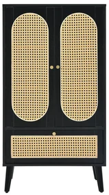 Comodă compactă, design din ratan, 2 uși, 1 sertar, 60×40×110,5 cm, Negru