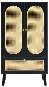 Comodă compactă, design din ratan, 2 uși, 1 sertar, 60×40×110,5 cm, Negru