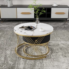 Set de 2 Măsuțe de Cafea Moderne Modulare din Marmură Sintetică cu Detalii Aurii și Sertare, Dimensiuni 70x70x45 cm și 50x50x40 cm, Alb