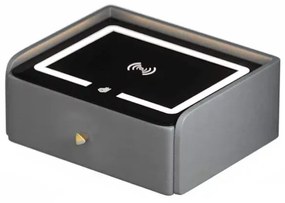 Noptieră inteligentă cu &icirc;ncărcare wireless, iluminare LED, 1 sertar de depozitare &ndash; gri antracit, design modern din sticlă și lemn