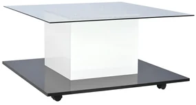 Măsuță de cafea modernă din sticlă lucioasă cu bandă LED reglabilă și roți pivotante, 80×80×40 cm, Alb+Negru