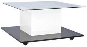Măsuță de cafea modernă din sticlă lucioasă cu bandă LED reglabilă și roți pivotante, 80×80×40 cm, Alb+Negru