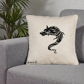 Perna Decorativa Lup Tribal Alb-Negru, 40x40 cm, Bej Canapea, Husa Detasabila, Perna Inclusa, BEKZ®