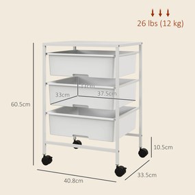 HOMCOM Cărucior Multifuncțional cu 3 Coșuri și Roți, Cărucior pentru Bucătărie și Birou din Oțel și Plastic, 40.8x33.5x60.5 cm, Alb | Aosom Romania