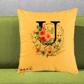 Cadou Personalizat - Perna Personalizata Monogram Litera U cu Flori Acuarela, 40x40 cm, Galben, Husa Detasabila, Perna Inclusa, BEKZ®