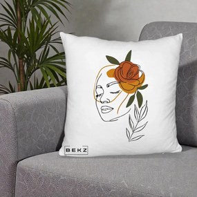 Perna Decorativa Portret Feminin Trandafir Ruginiu, 40x40 cm, Alb Pufos, Husa Detasabila, Perna Inclusa, BEKZ®