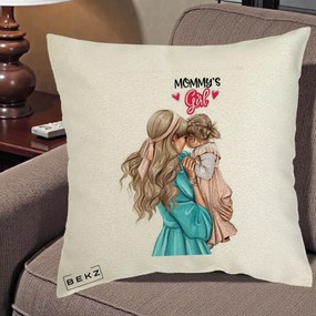 Cadou pentru Mama - Perna Personalizata Mommy's Girl Mama si Fetita, 40x40 cm, Ecru, Husa Detasabila, Perna Inclusa, BEKZ®
