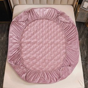 Husa de pat matlasata si 2 fete de perne din catifea, cu elastic, model tip topper, pentru saltea 140x200 cm, roz, HTC-25