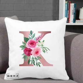 Cadou Personalizat - Perna Personalizata Monograma Rose Gold Litera K, 40x40 cm, Alba Mata, Husa Detasabila, Perna Inclusa, BEKZ®